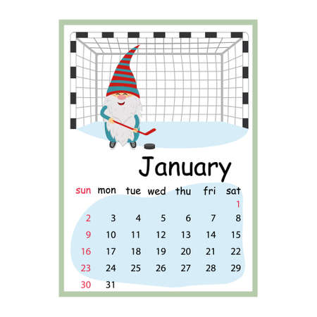 Designer calendar for 2022, characters cute dwarves style cute character dwarf playing hockey on goal.のイラスト素材