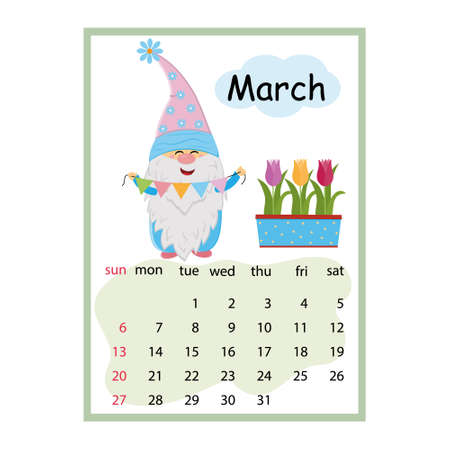 Designer calendar for the year 2022 March, cute dwarf character on the background of tulips holding a garland.のイラスト素材