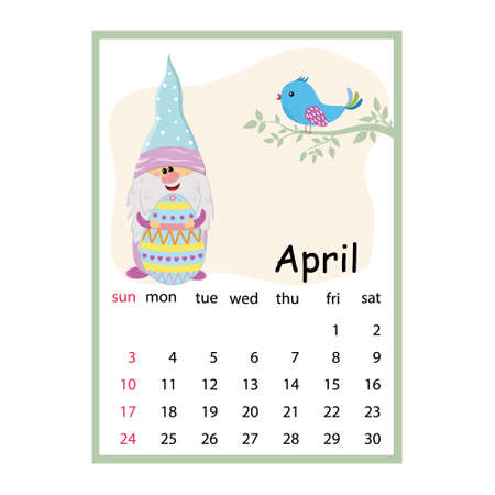 Designer calendar for the year 2022 March, cute character Easter gnome holding an egg, cartoon style.のイラスト素材