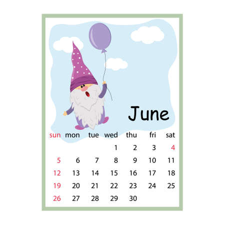 Designer calendar for the year 2022 March, cute gnome character flying in a balloon, cartoon style.のイラスト素材