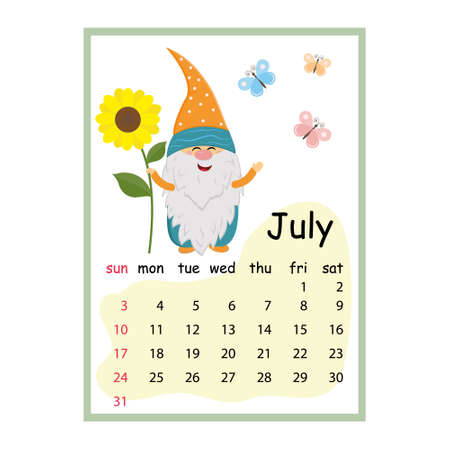 Designer calendar for the year 2022 March, cute gnome character holding a large sunflower, cartoon style.のイラスト素材