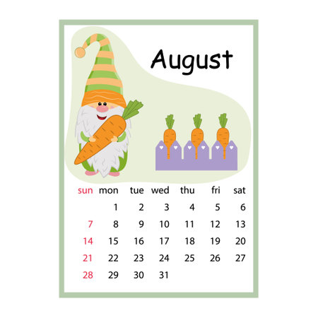 Calendar for 2022 cute dwarf holding a carrot, month of August cartoon style.のイラスト素材