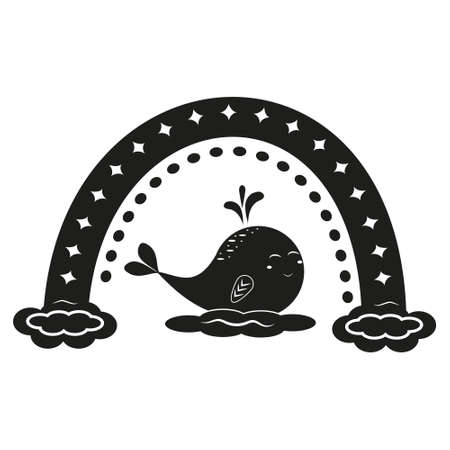 Rainbow with an ornament and a whale, black stencil, vector illustration.のイラスト素材