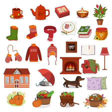 Large autumn set with elements of autumn, comfort and warmth, color vector illustration in the cartoon style.のイラスト素材