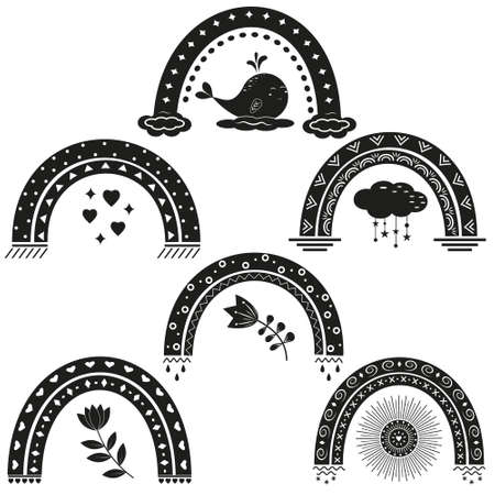 Rainbow pattern set, black stencil, vector illustration.のイラスト素材