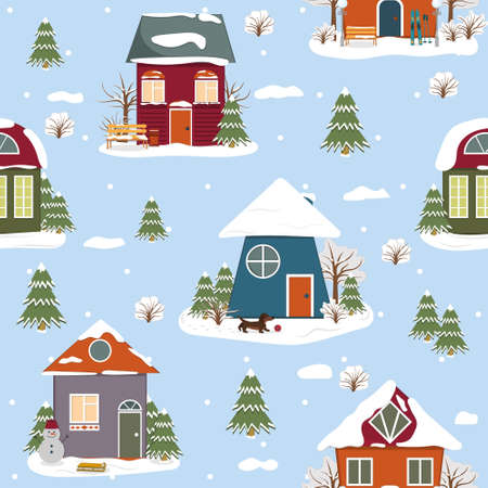 Pattern of winter Christmas houses, color vector illustration.のイラスト素材