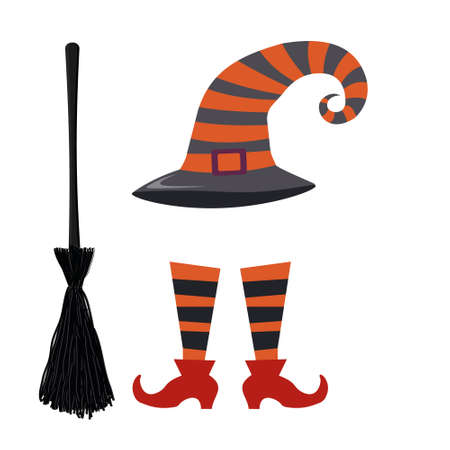 witch outfit, hat shoes and broom for halloween, cartoon style, isolated vector.のイラスト素材