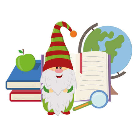 a cheerful gnome stands against the background of a globe and books, a vector isolated illustration in the style of flat.のイラスト素材