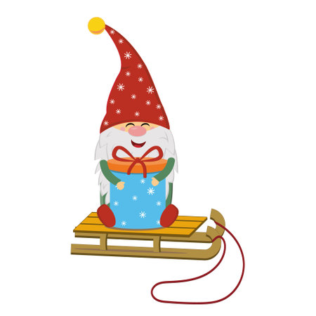 funny gnome with a gift on a sled for Christmas, vector isolated illustration in flat style.のイラスト素材