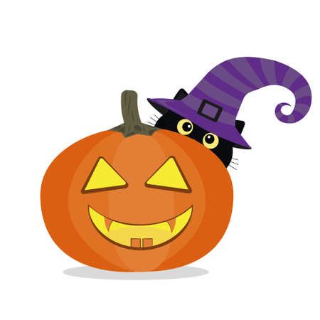 Black cat in a witch hat for Halloween with pumpkin, cartoon style, isolated vectorのイラスト素材