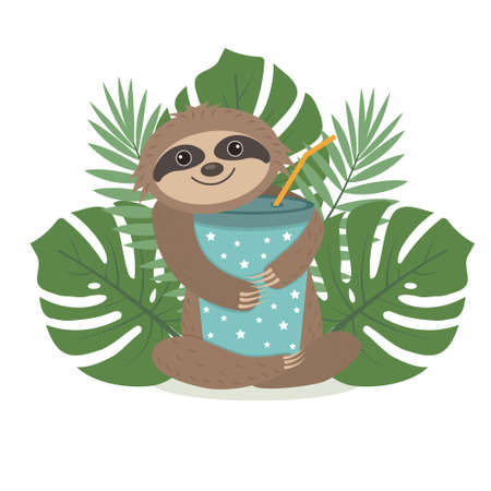 Cute character Sloth holding a glass with a drink, color isolated vector illustrationのイラスト素材
