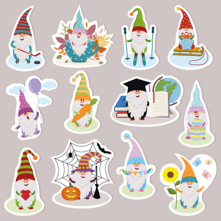set of stickers with funny cute dwarves, vector illustration, cartoon style.のイラスト素材