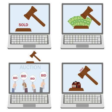 Set of illustrations on the auction theme, color isolated vector illustration on a white background.のイラスト素材