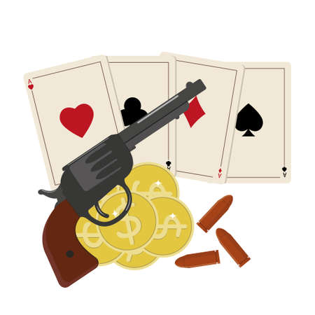 Composition playing cards, money and a revolver, color isolated vector illustration on a white background.のイラスト素材