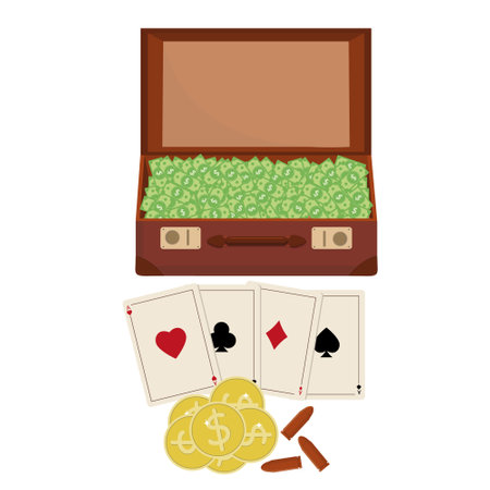 Composition suitcase with money and playing cards, color isolated vector illustration on a white background.のイラスト素材