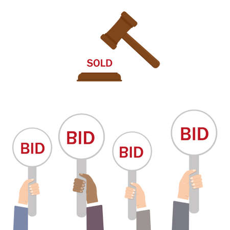 Auction, people's hands raised with numbers, color isolated vector illustration on a white...