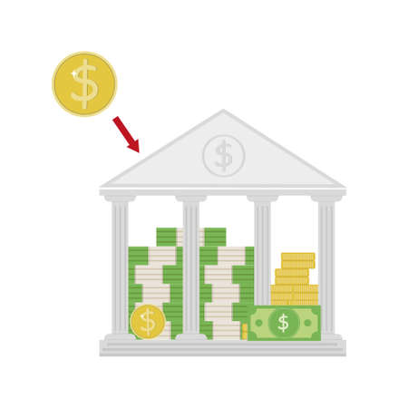 Bank building with money, deposit deposit, color vector illustration in cartoon style, icon.のイラスト素材