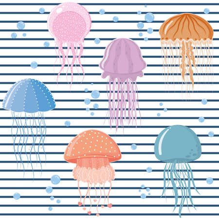 jellyfish pattern, color vector illustration on a white striped background.のイラスト素材