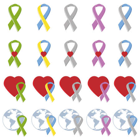 Symbolic ribbons of different colors reminder of serious diseases, color vector illustration in the cartoon style.のイラスト素材