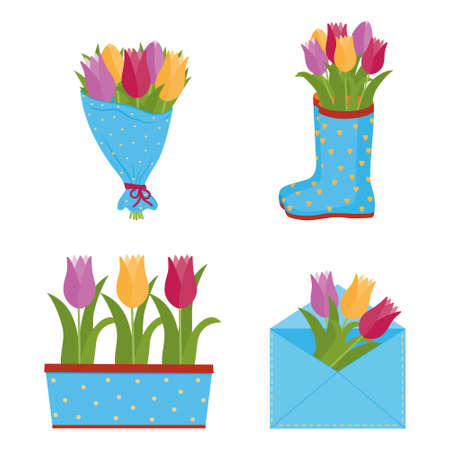 Tulip flowers in different decorated containers, vector illustration.のイラスト素材