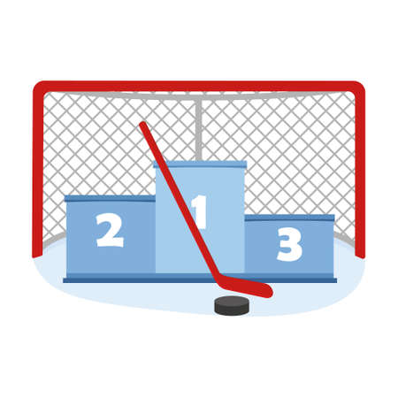 Hockey goal with a pedestal, stick and puck, color vector illustration in the cartoon style.のイラスト素材