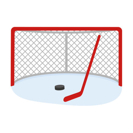 Hockey goal with a stick and a puck, color vector illustration in the cartoon style.のイラスト素材