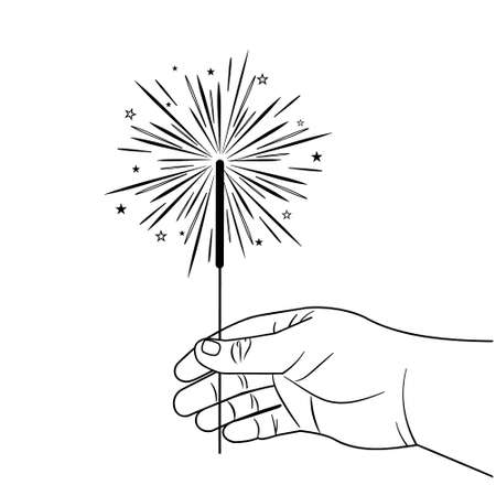 sparkler in hand black outline isolated on a white background, vector illustration.のイラスト素材