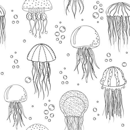 Jellyfish pattern black outline white background, vector illustration.のイラスト素材
