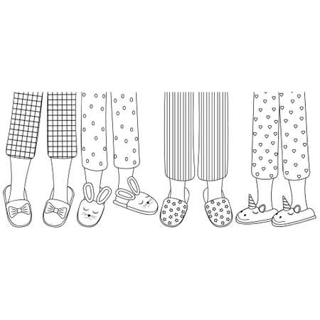 Legs of girls in pajamas and slippers, black outline, isolated vector illustration in the flat style.のイラスト素材