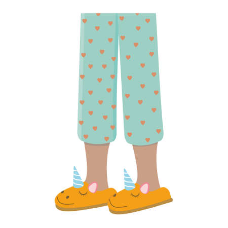 Legs of girls in pajamas and slippers, color isolated vector illustration in the flat style.のイラスト素材