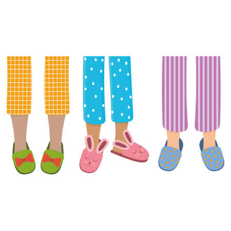 Legs of girls in pajamas and slippers, color isolated vector illustration in the flat style.のイラスト素材