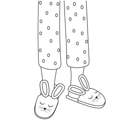 Legs of girls in pajamas and slippers, black outline, isolated vector illustration in the flat style.のイラスト素材