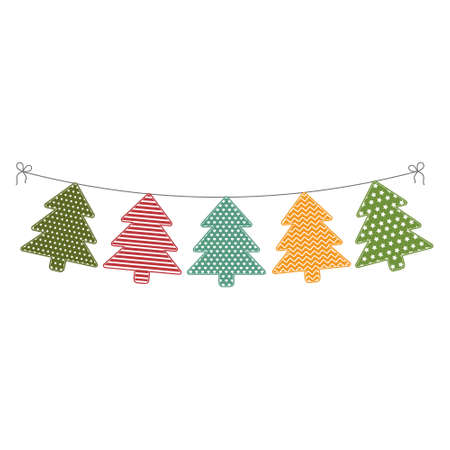 garland decorative Christmas trees with ornaments, isolated vector illustration background white.のイラスト素材