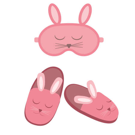 Set of home slippers and a mask for sleeping hares, color vector illustration.のイラスト素材