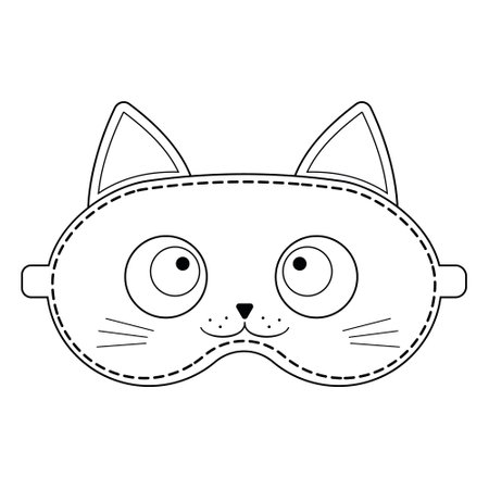 sleeping mask with a kitten's face, black contour, isolated vector illustration.のイラスト素材