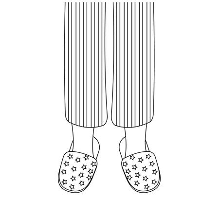 Legs of girls in pajamas and slippers, black outline, isolated vector illustration in the flat styleのイラスト素材