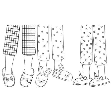 Legs of girls in pajamas and slippers, black outline, isolated vector illustration in the flat style.のイラスト素材