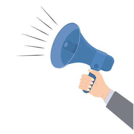 a man's hand holds a loudspeaker, a vector color illustration in a cartoon style.のイラスト素材