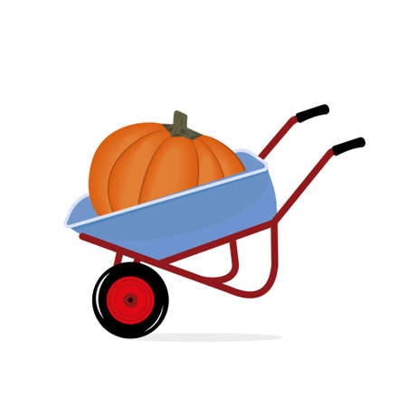 Wheelbarrow with autumn harvest large pumpkin, vector isolated illustration.のイラスト素材