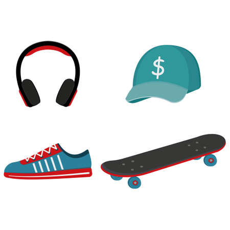 Set of skateboarder cap, skateboard, headphones, sneakers, isolated illustration on a white background.のイラスト素材