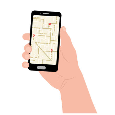 a man holds a phone with a map of the navigator of the city, color vector illustrationのイラスト素材