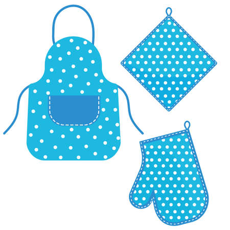 Oven mitt and oven mitt and apron hanging on the rack on hooks, color isolated vector illustration in the flat style.のイラスト素材