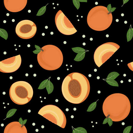 Fruit pattern of peaches on a black background, vector illustration.のイラスト素材