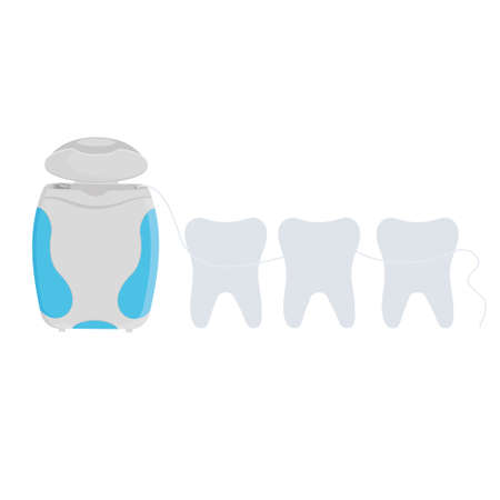 Dental floss and tooth, color vector isolated illustration on a white background, doodleのイラスト素材