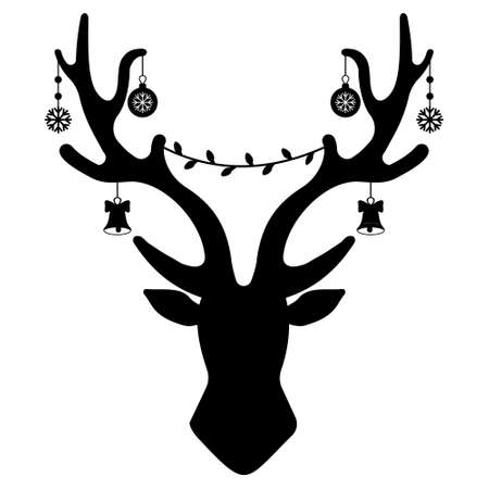 Christmas deer antlers with garland and gifts, black stencil, isolated vector illustration.のイラスト素材