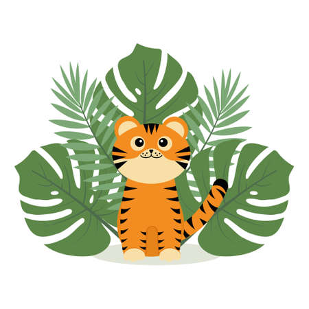 little tiger cub on a background of tropical leaves, color isolated vector illustration in cartoon style.のイラスト素材