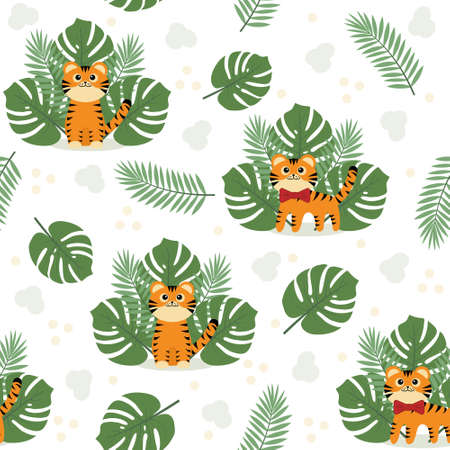 Pattern with tiger cubs on a background of tropical leaves, color vector illustration on a white background.のイラスト素材
