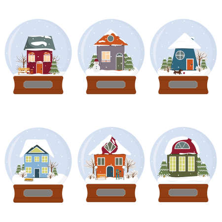 a set of snow balls with a winter landscape, color vector illustrationのイラスト素材