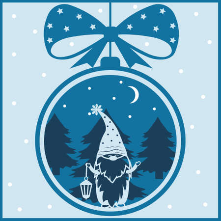 Multi-layered Christmas card to a dwarf with a lantern on a forest backgroundのイラスト素材