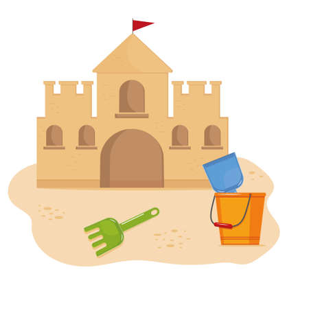 Bucket with tools on the background of a sand castle, color isolated vector illustration in cartoon styleのイラスト素材